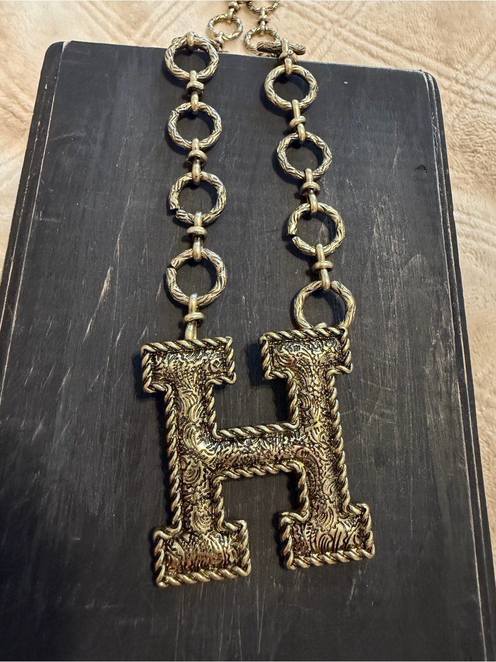 Statement Gold-Tone 'H' Pendant Necklace nwot